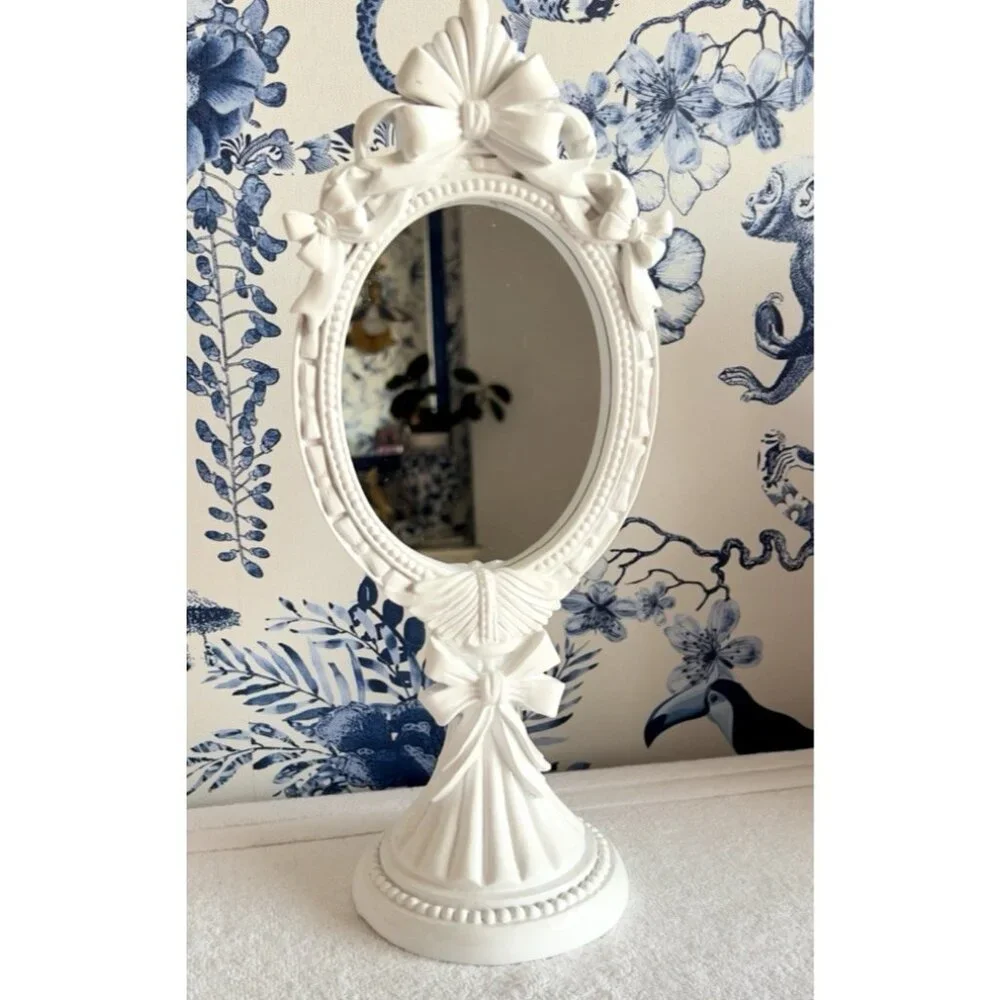 Tabletop Mirror Vanity High Gloss White Bows & Bead Accents 14